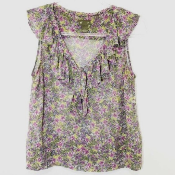 Anthro Fei Floral Tie Bow Silk Ruffle Blouse Tank - Picture 7 of 8